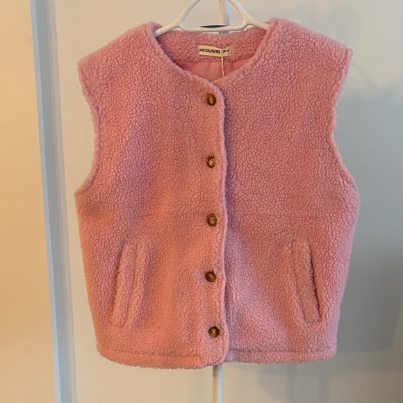 Jackets & Blazers - Pink Sherpa Vest with Button Closure